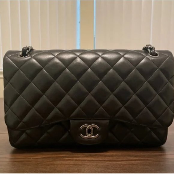CHANEL Classic Double Flap Jumbo Shoulder Bag Purse Black Lambskin Silver Chain - Picture 1 of 9